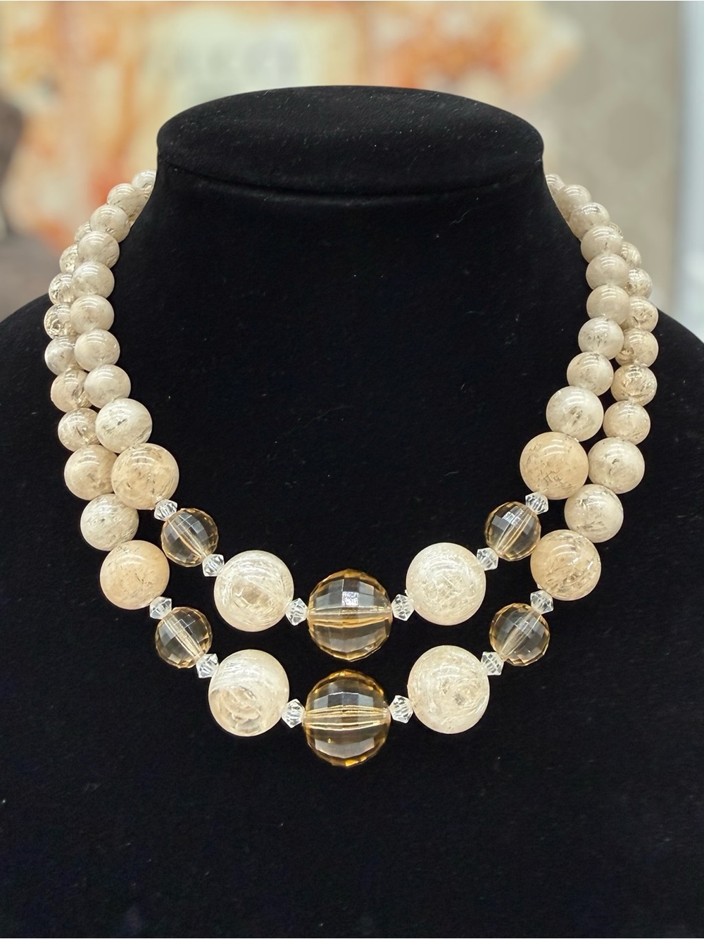 Coro 60s Champagne Ice Cube Lucite & Faceted Balls Two-Strand Bead Necklace